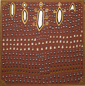 Alan Griffiths Corroboree 2006, natural ochre and pigment on campus. Image courtesy of Waringarri Aboriginal Arts