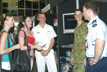 Early childhood education first year students Jennifer Schulz (left) and Jessica McKenna with CPO Christopher Pollock, Lieutenant Andrew Stone and Corporal John Pratt